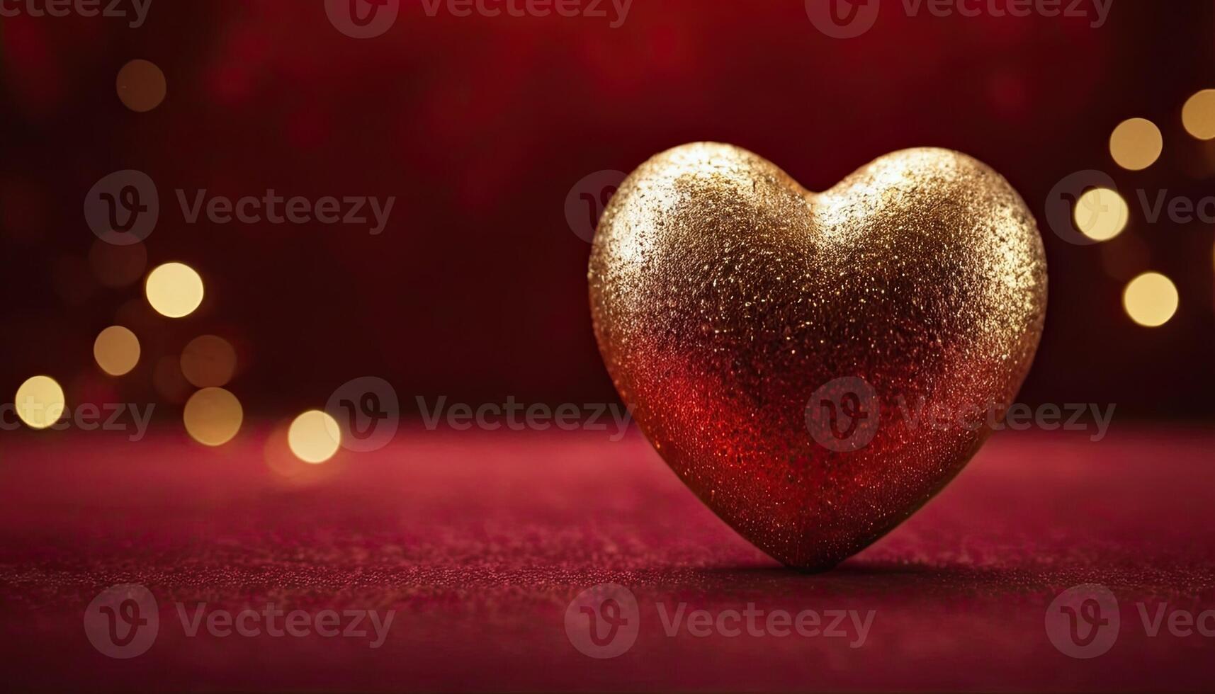 Love, Heart, Celebration. heart on textured surface beneath, soft focus golden lights create bokeh in background. Celebration card or romantic events invitation. Valentine day photo