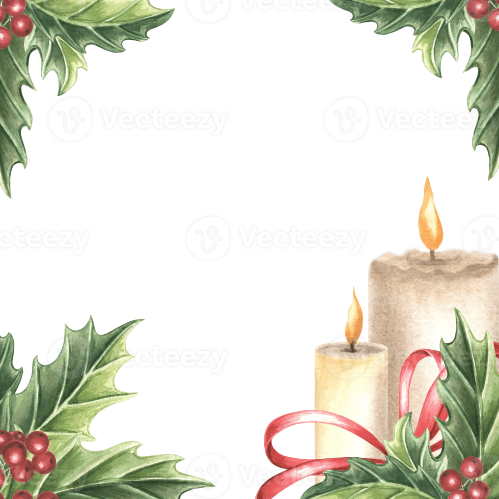 Christmas frame vintage Candle burning Holly with green leaves and red berries. Hand drawn watercolor illustration traditional winter holiday design. Isolated template for card, invitation, New Year. png