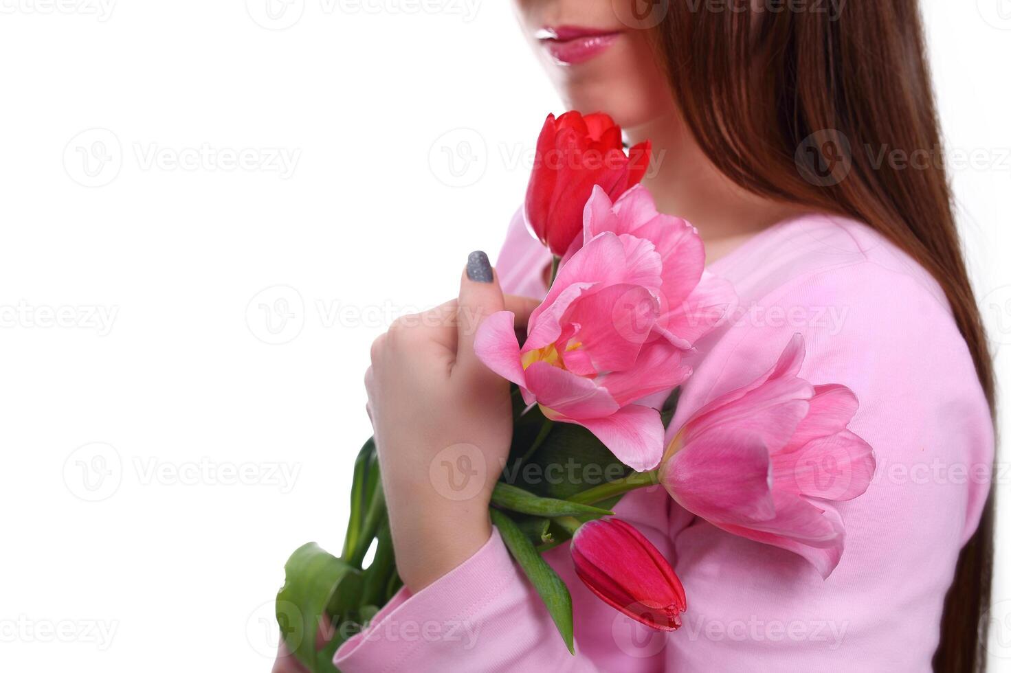 Bunch of tulips in woman's hands. 8 march. Isolated on white. photo