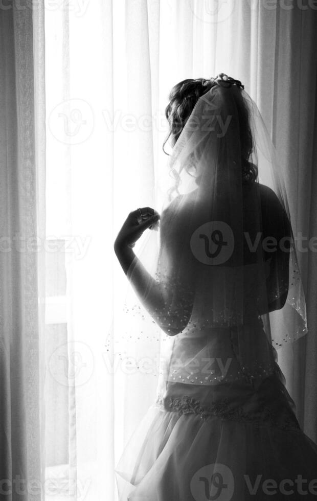 The beautiful bride poses a back photo