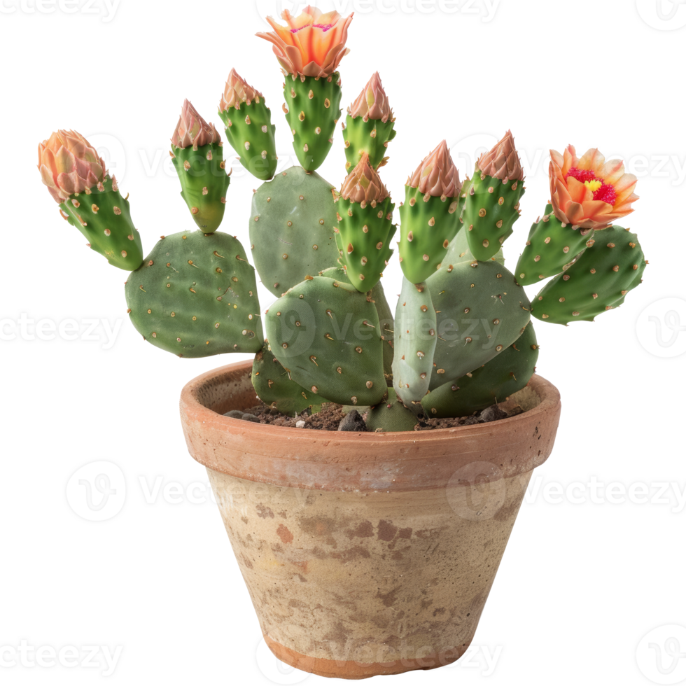 Opuntia flowering plant in flower pot, transparent background png