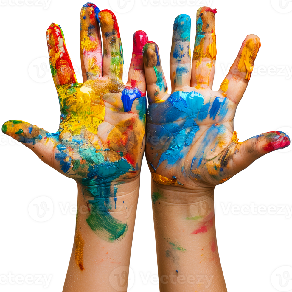 Pair of little child's hands covered in colorful paint, transparent background png