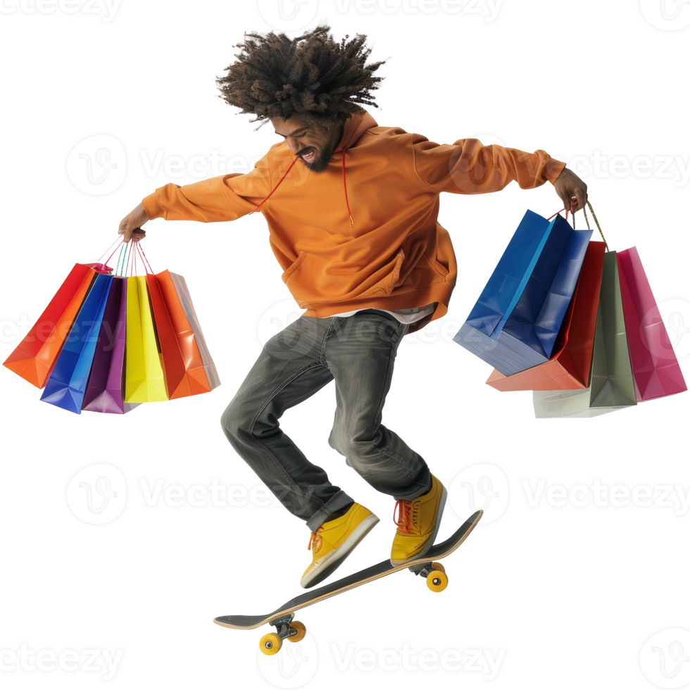 Afro-haired young man flipping on a skateboard while carrying shopping bags, transparent background png