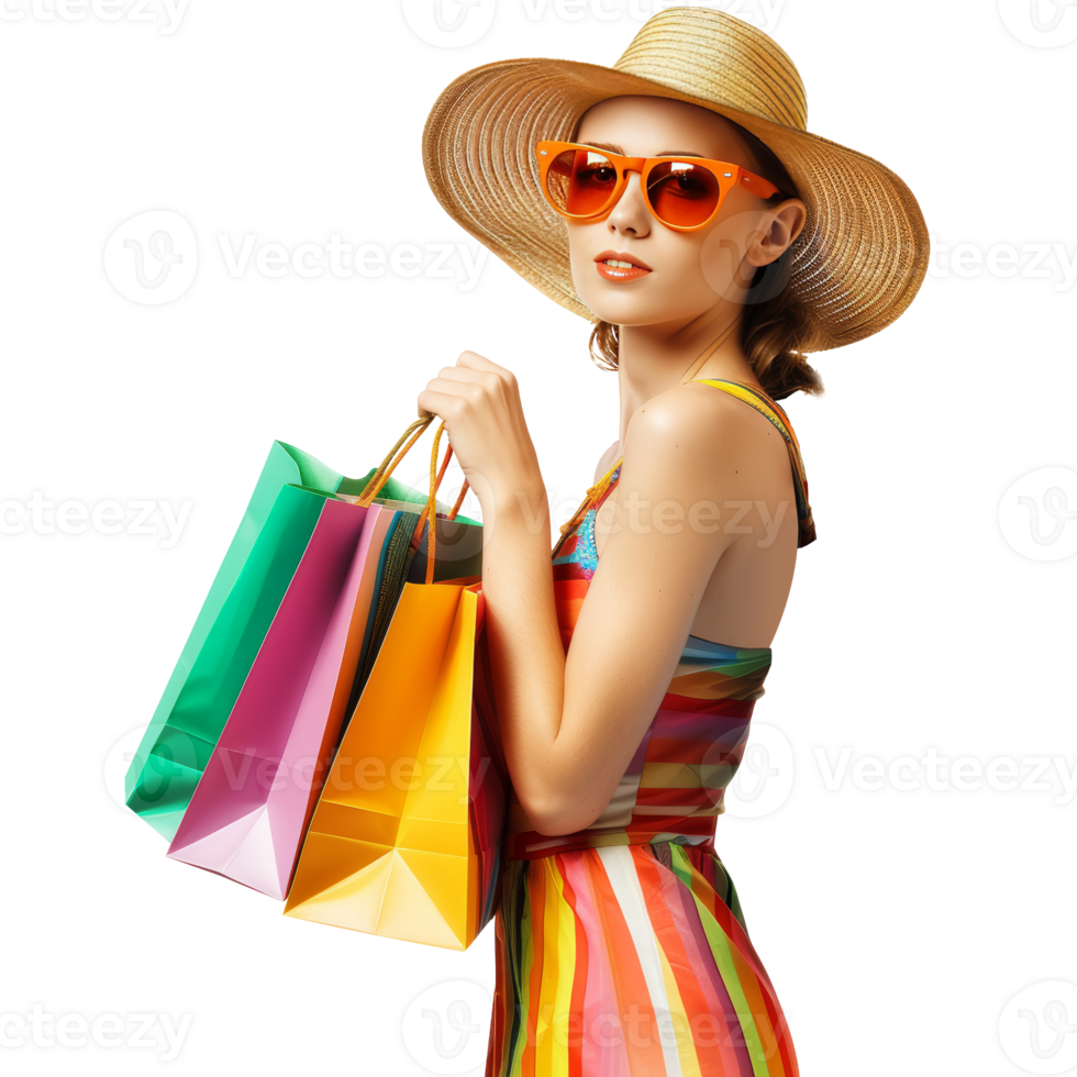 Young woman in sunglasses and summer hat carrying shopping bags, transparent background png