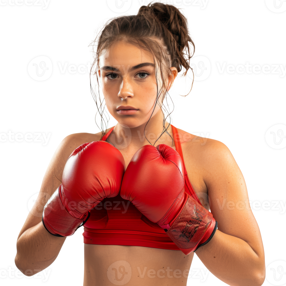 Young woman in boxing position with boxing gloves, transparent background png