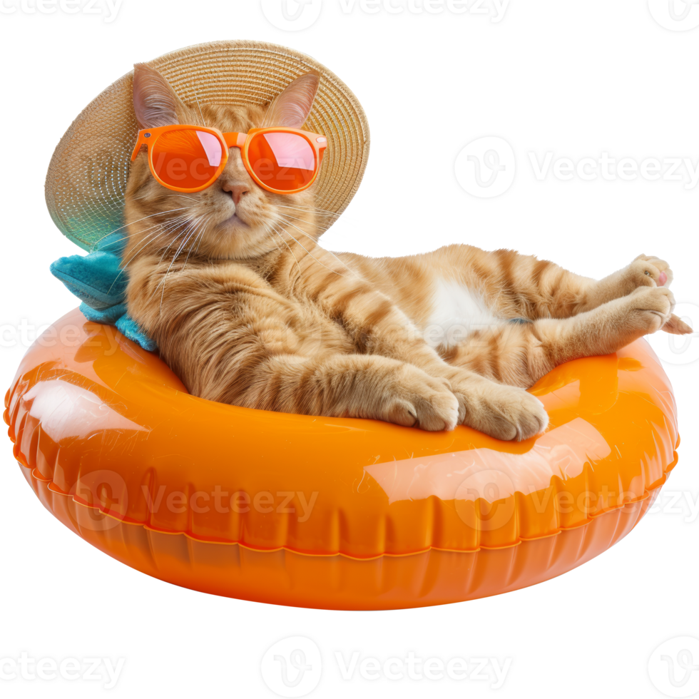 Orange cat relaxing on a swimming pool float, while wearing orange sunglasses and beach hat, transparent background png