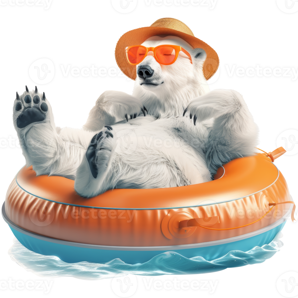 A polar bear is relaxing on a pool float, while wearing orange sunglasses and a beach hat, transparent background png