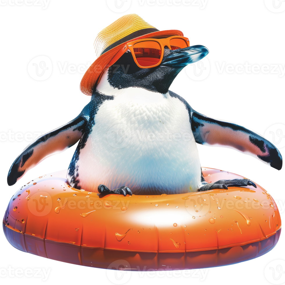 Penguin relaxing on a pool float, while wearing orange sunglasses and beach hat, transparent background png