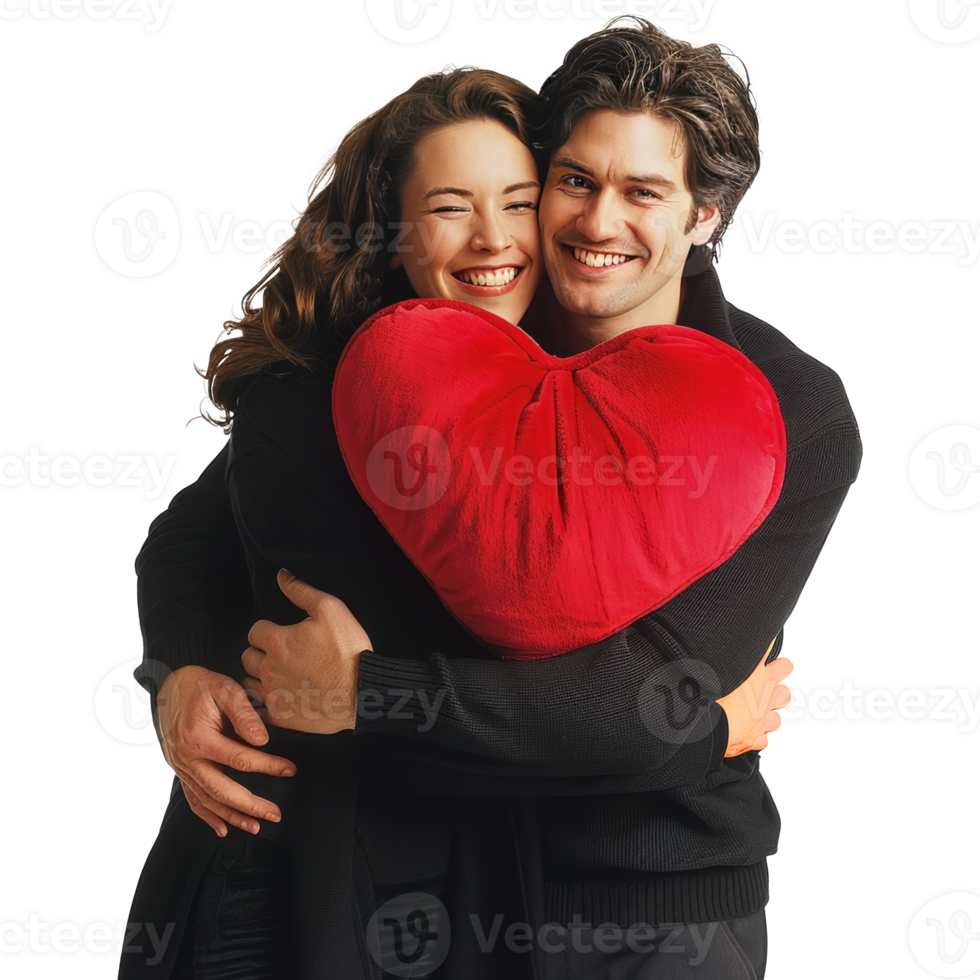 A couple hugging a heart pillow together, transparent background png