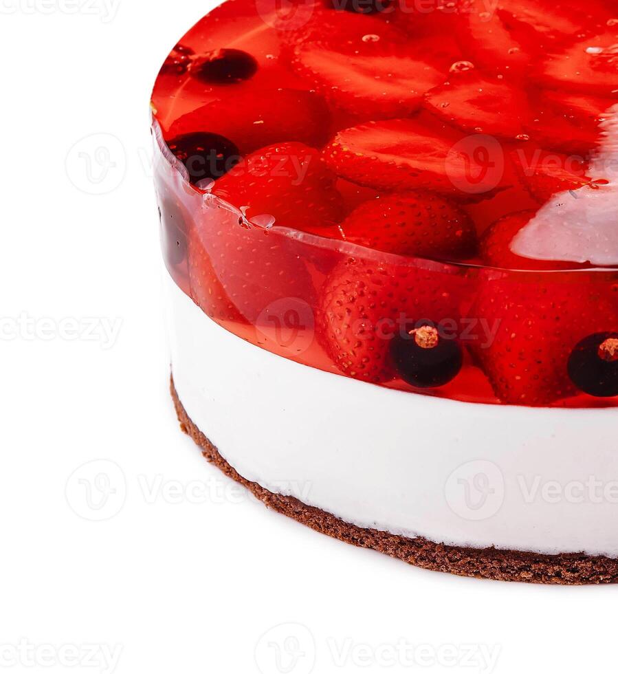 Fresh strawberry with currant jelly cake on white photo