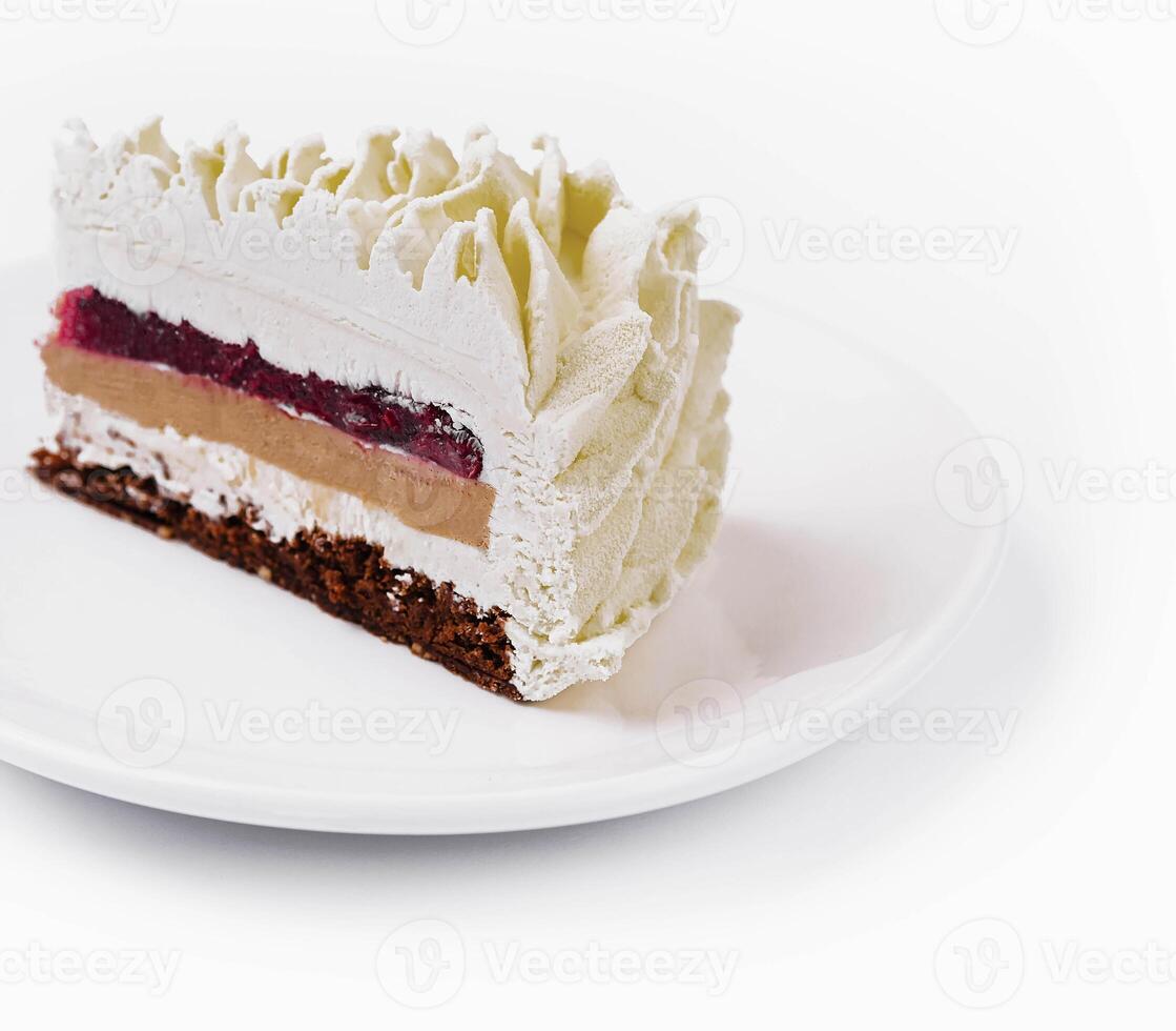 Layered Mousse Cake on plate isolated photo