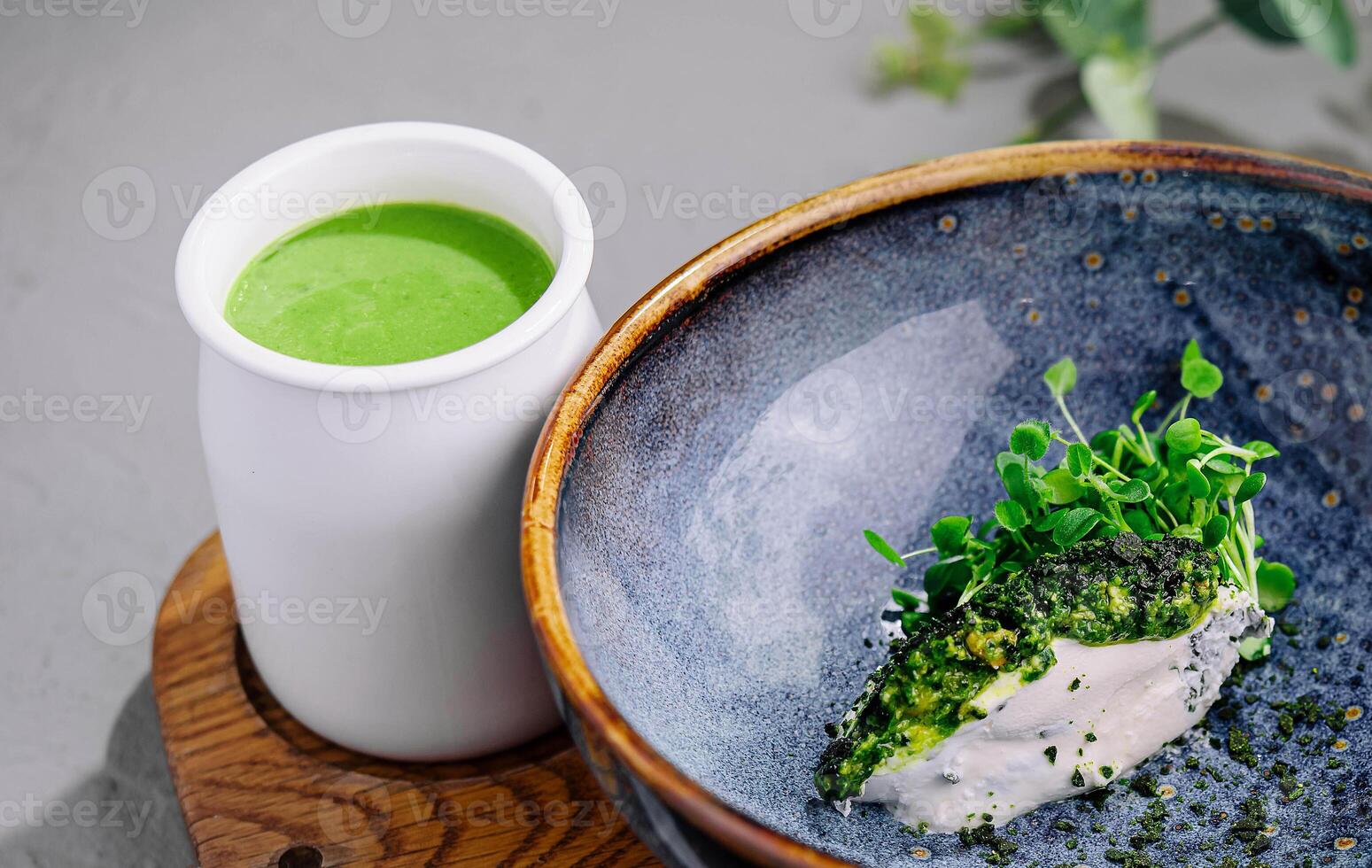 Broccoli cream soup on top view photo