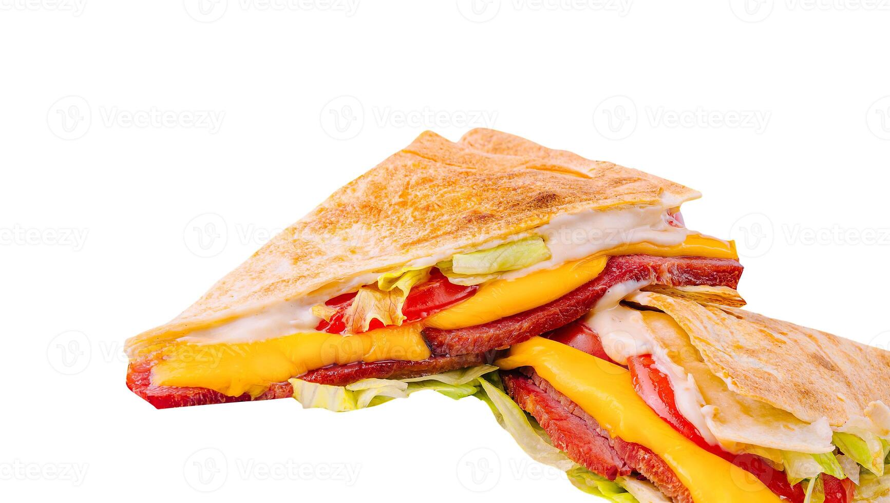 Crispy chicken quesadillas with cheese isolated on white photo