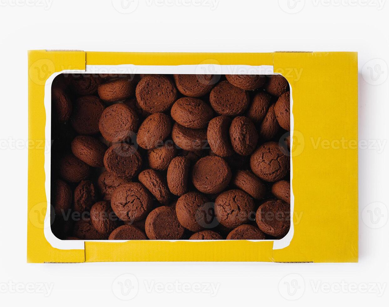 Box of chocolate cookies on white background photo