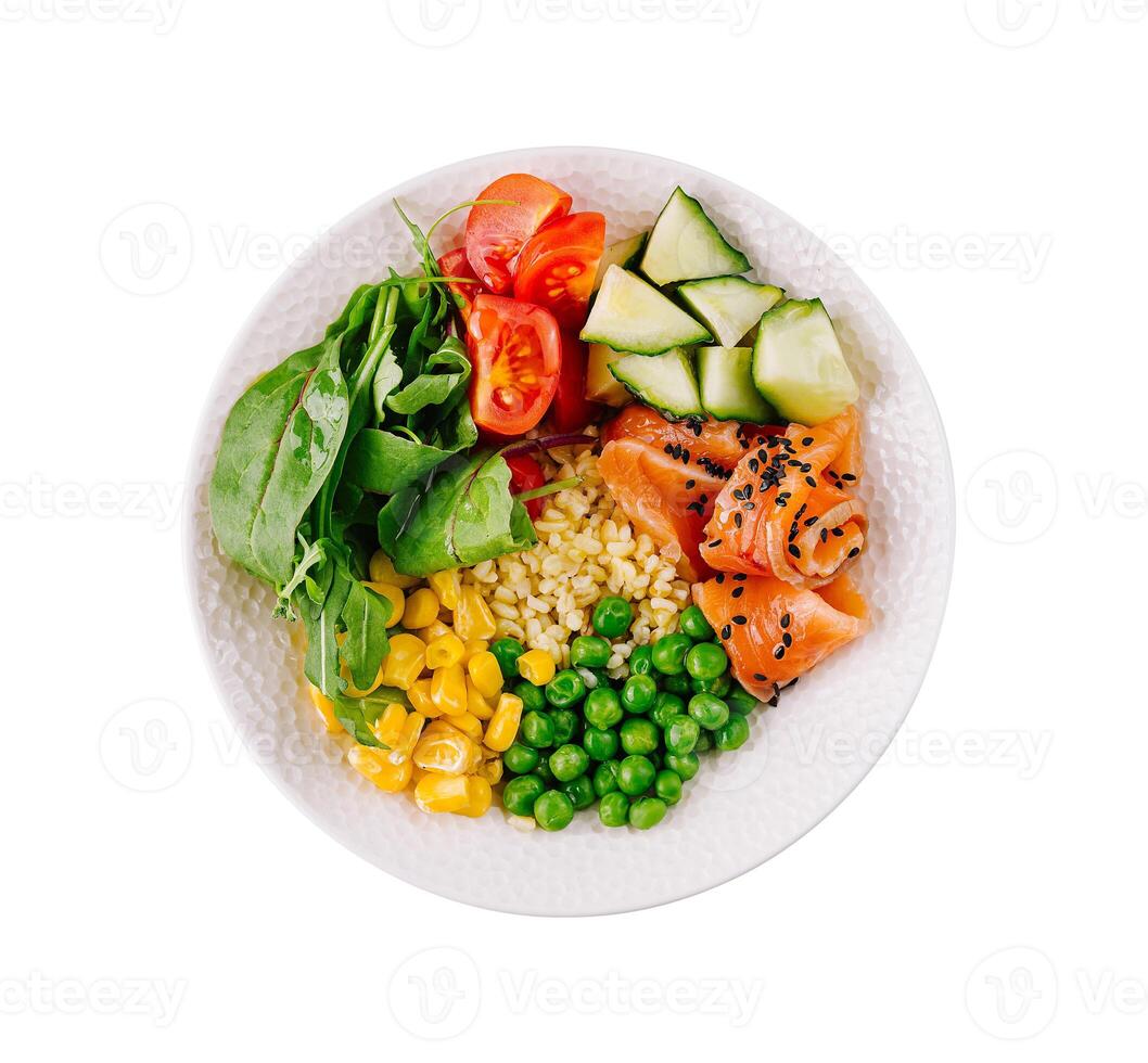 Fresh salmon poke bowl on white background photo
