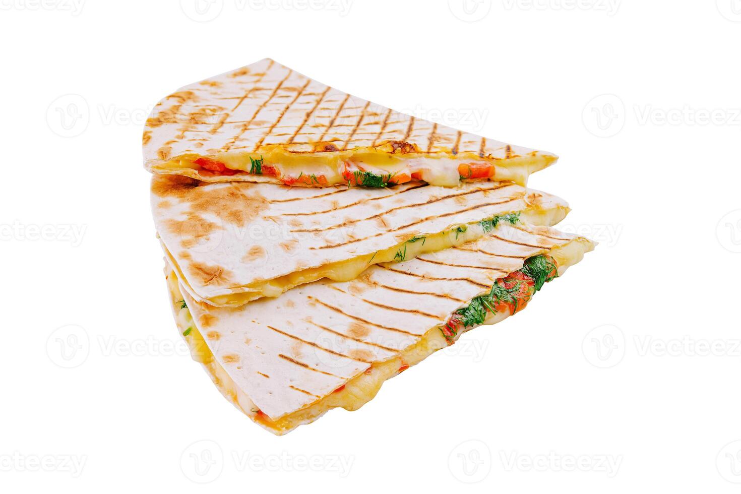 Fresh chicken and vegetable quesadilla slices isolated on white photo