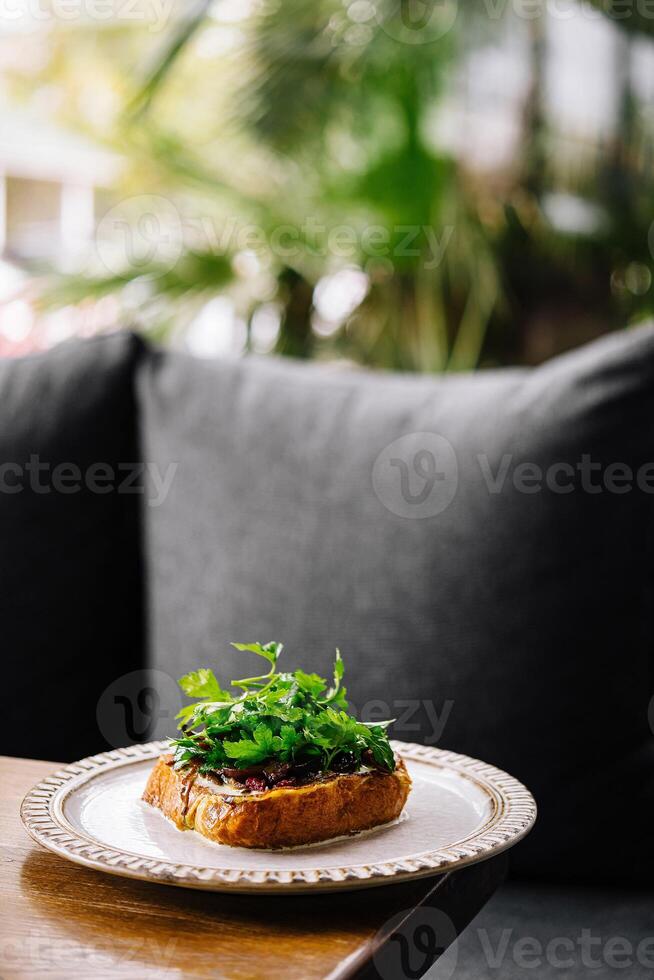 Gourmet open-faced sandwich on a garden patio photo