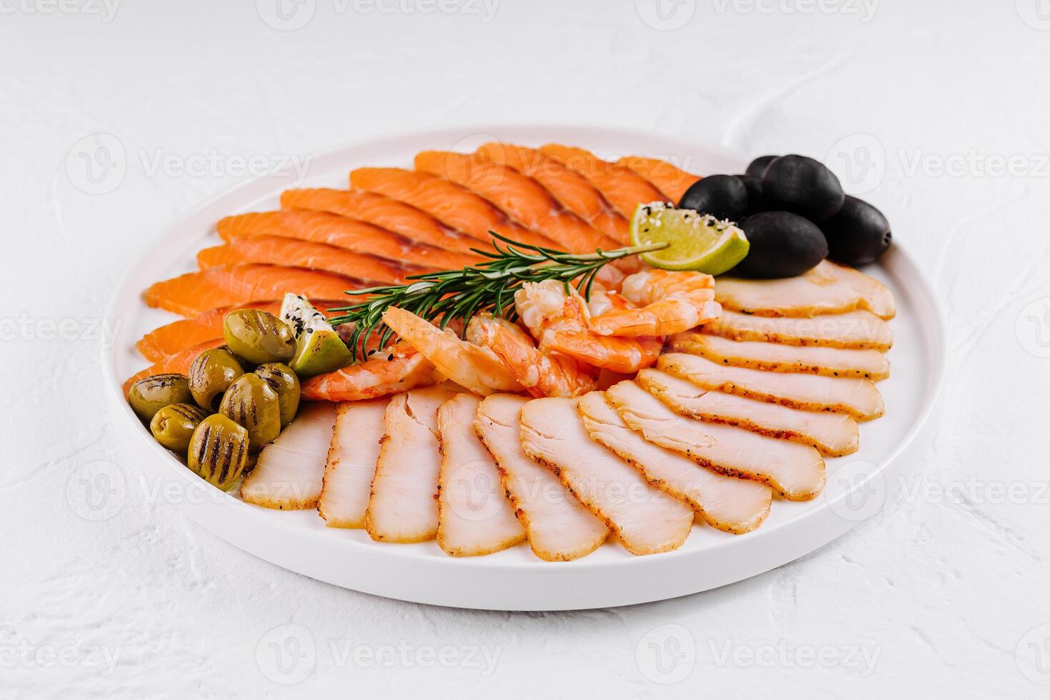 Assorted seafood platter with smoked salmon and shrimp photo