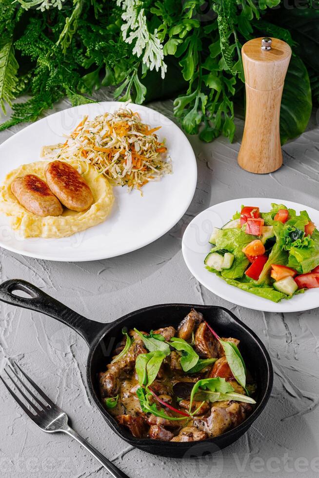 Gourmet healthy meal assortment on elegant table setting photo