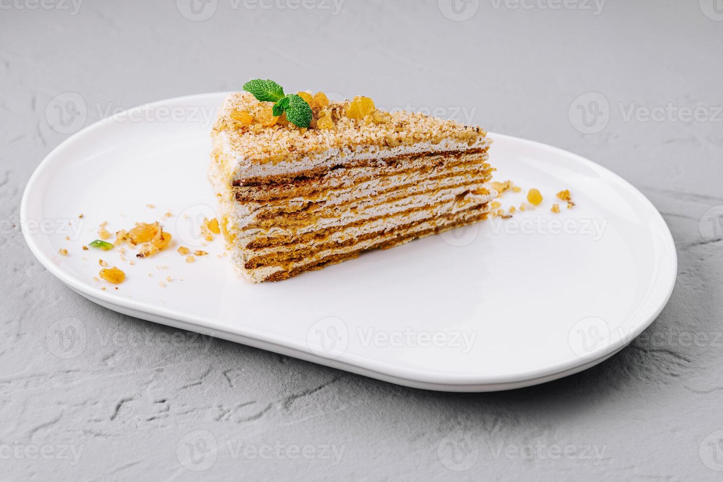 Delectable layered honey cake slice on white plate photo