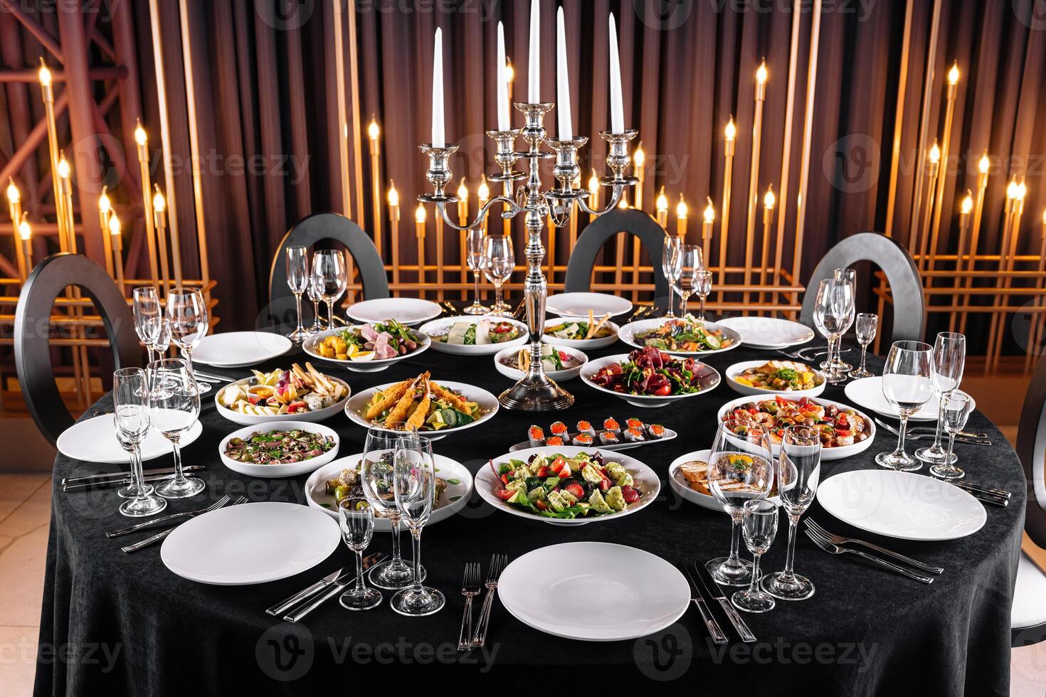 Elegant dining table set for gourmet banquet photo