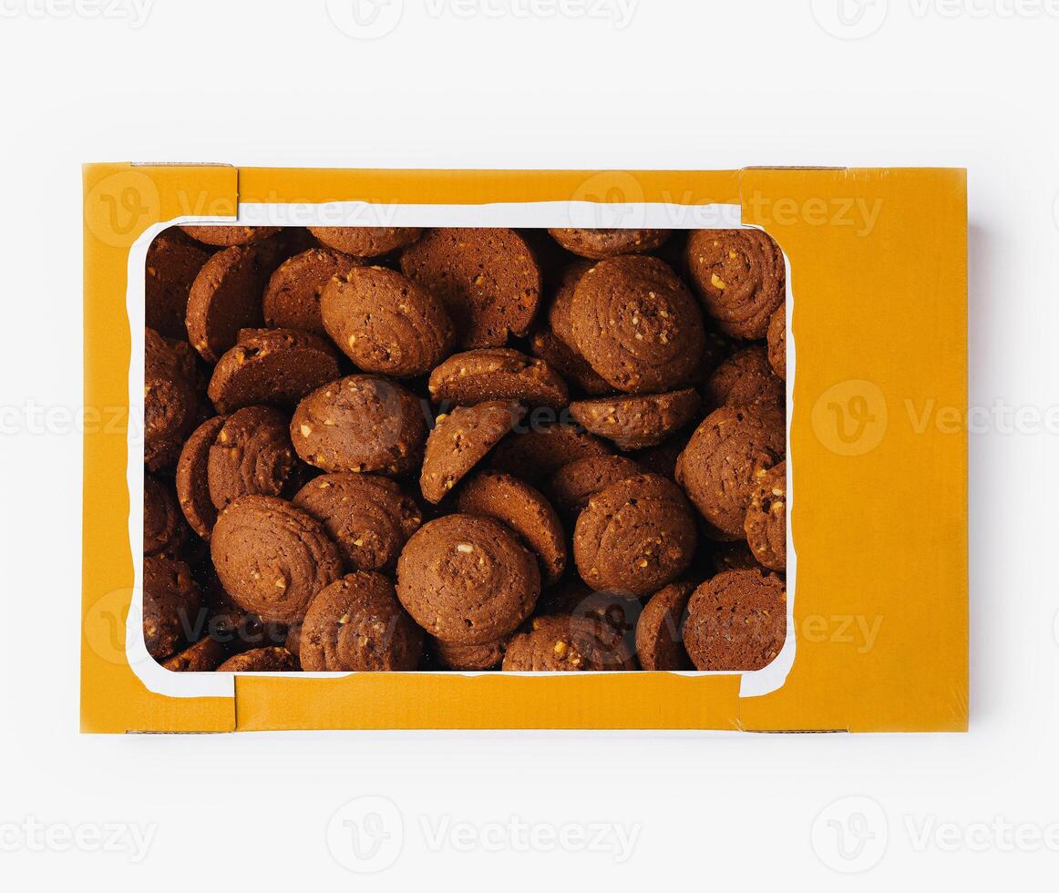 Box of chocolate cookies on white background photo