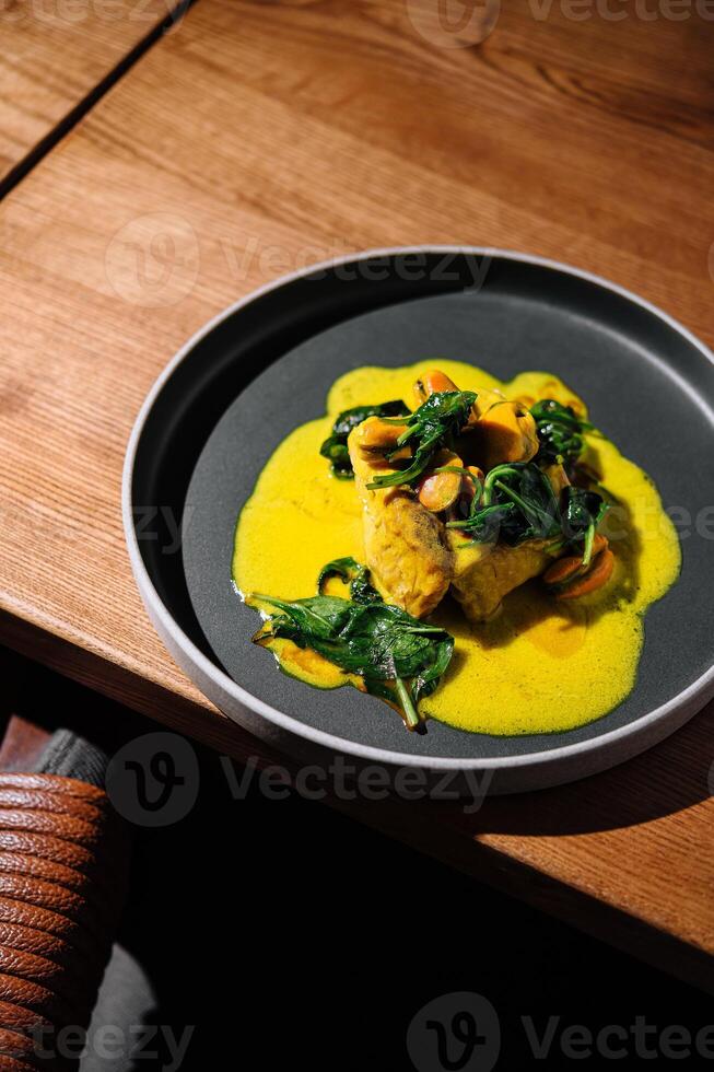 Gourmet fish filet with clams and spinach photo