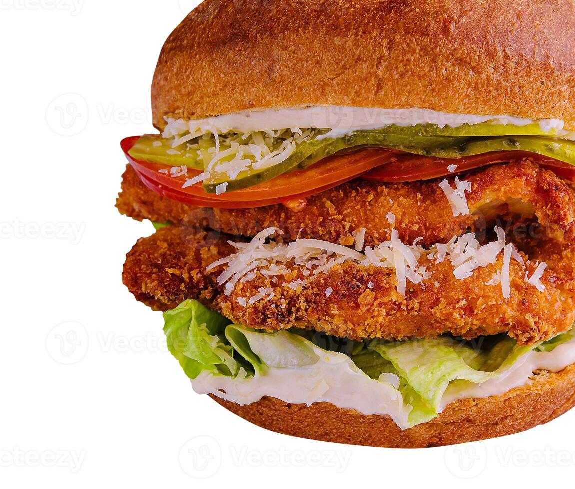 Burger with Chicken Nuggets in Creamy Sauce Isolated on White Background photo
