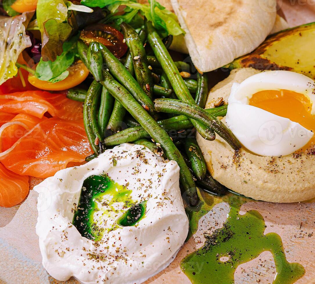 Gourmet breakfast platter with poached eggs and salmon photo