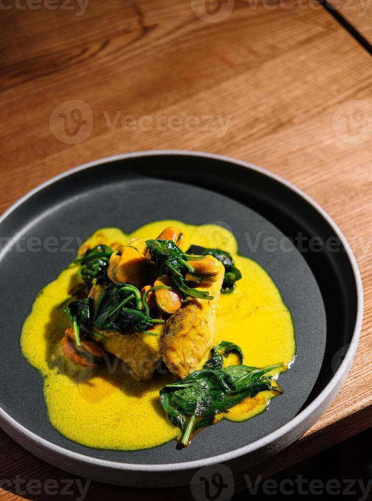 Gourmet fish filet with clams and spinach photo
