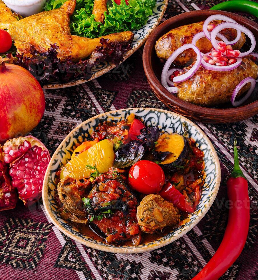 Traditional feast with roasted chicken and vegetables photo