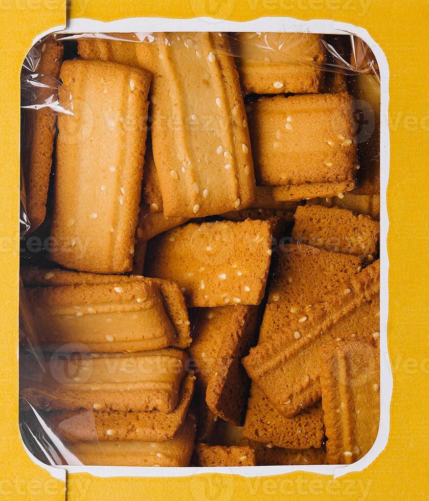 Top view of boxed butter cookies close up photo
