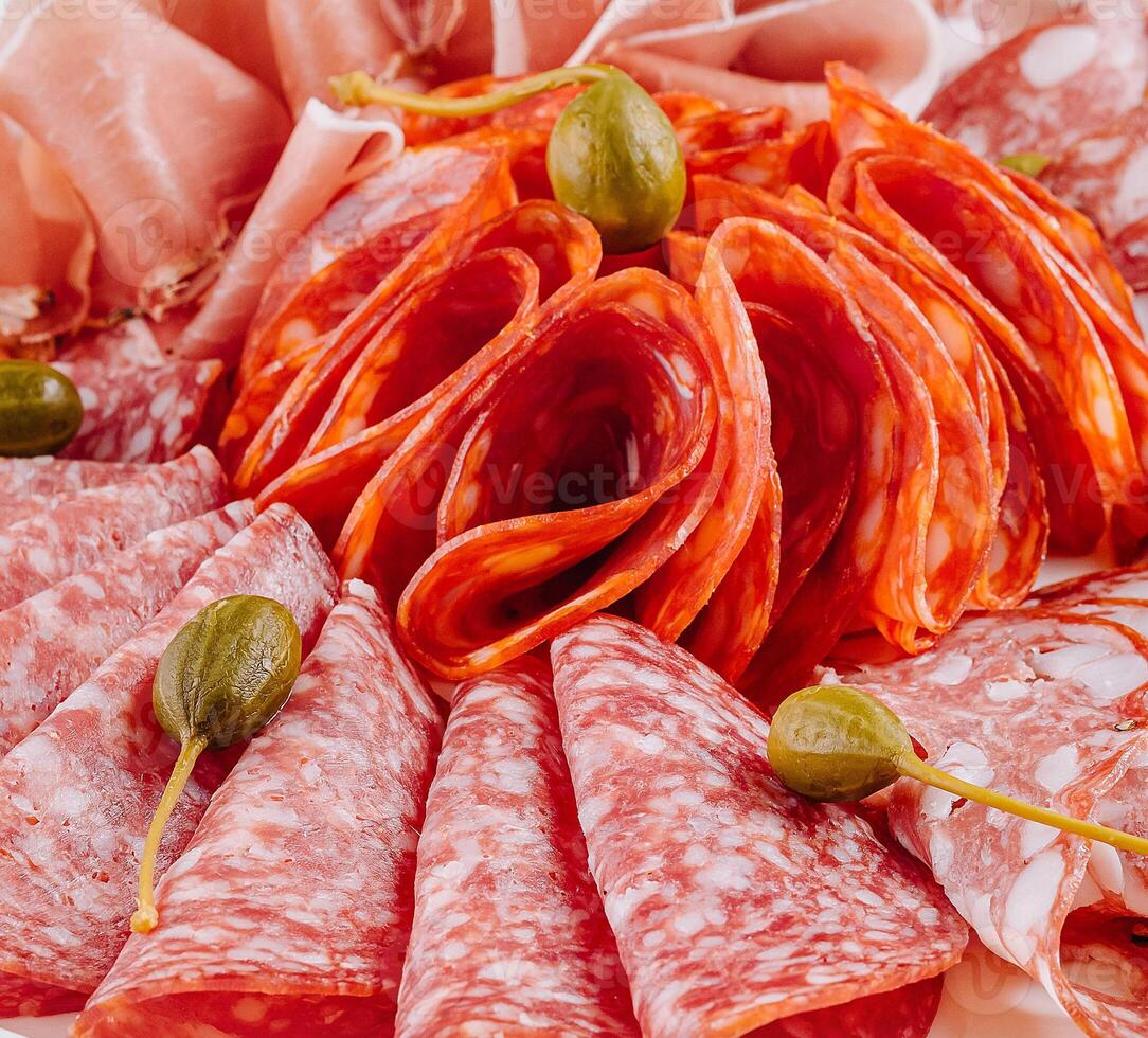 Assorted deli meat platter close up background photo