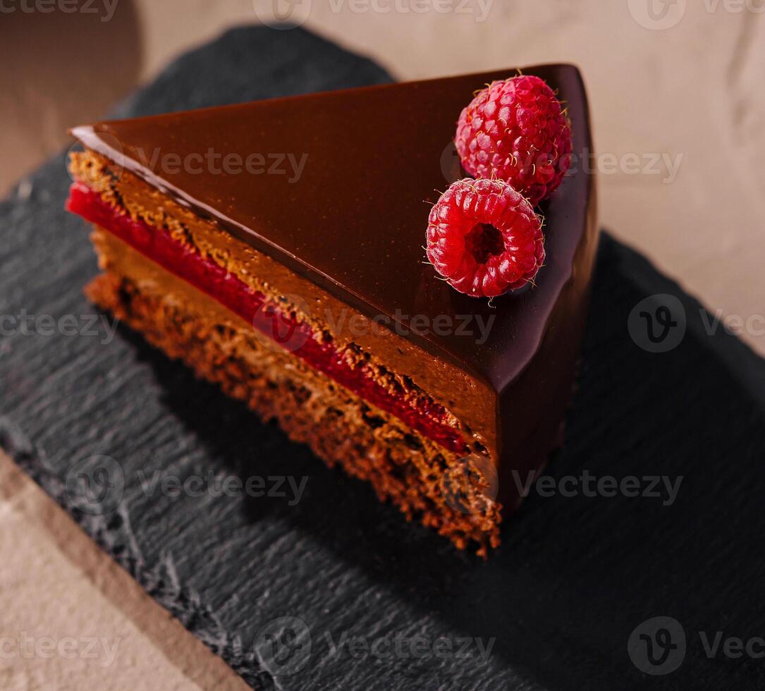 Elegant raspberry chocolate cake slice photo