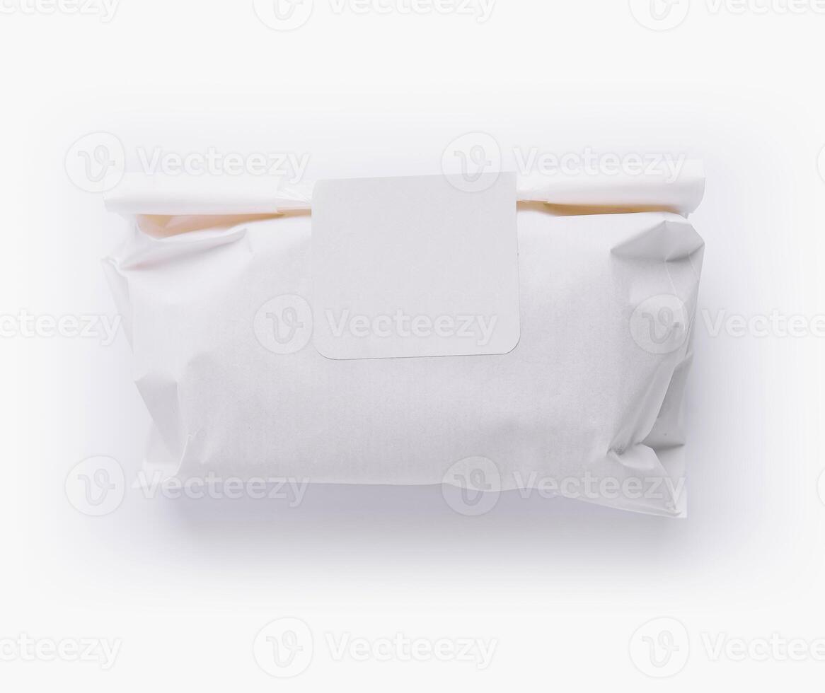 Blank label on wrapped package photo