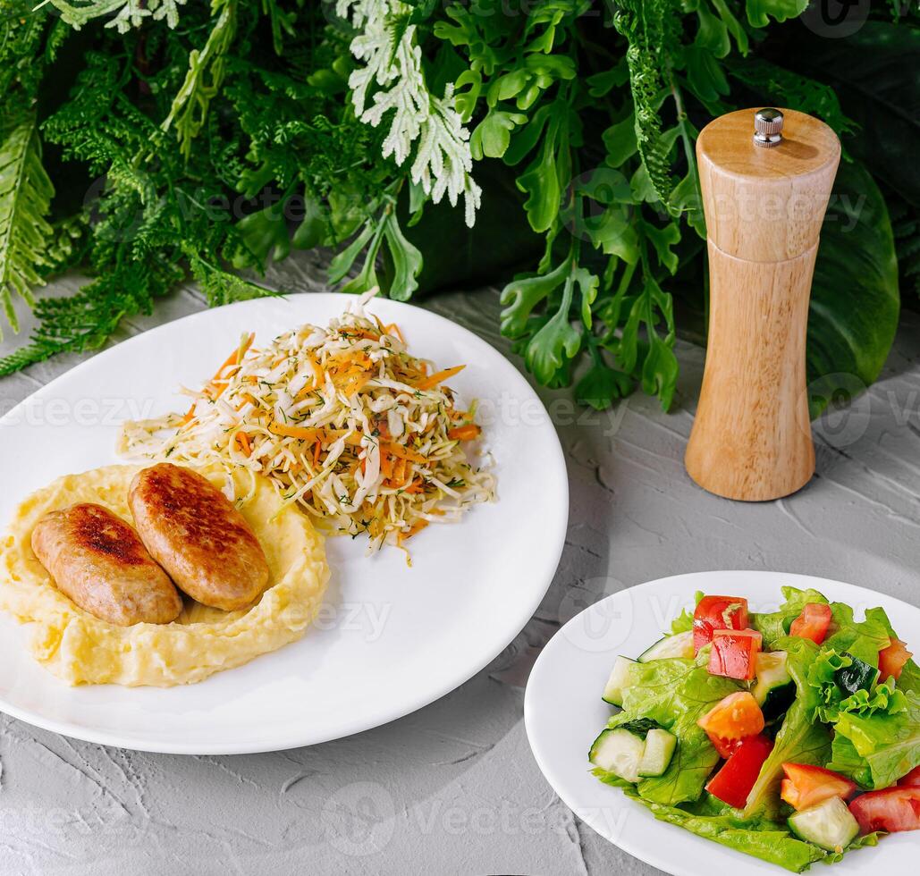 Gourmet healthy meal assortment on elegant table setting photo