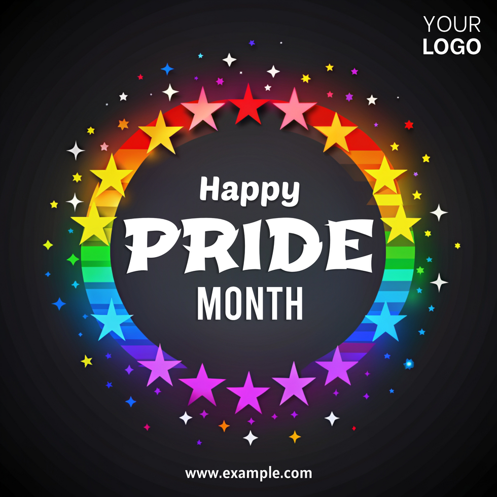 A colorful rainbow with stars surrounding it that says Happy Pride Month psd