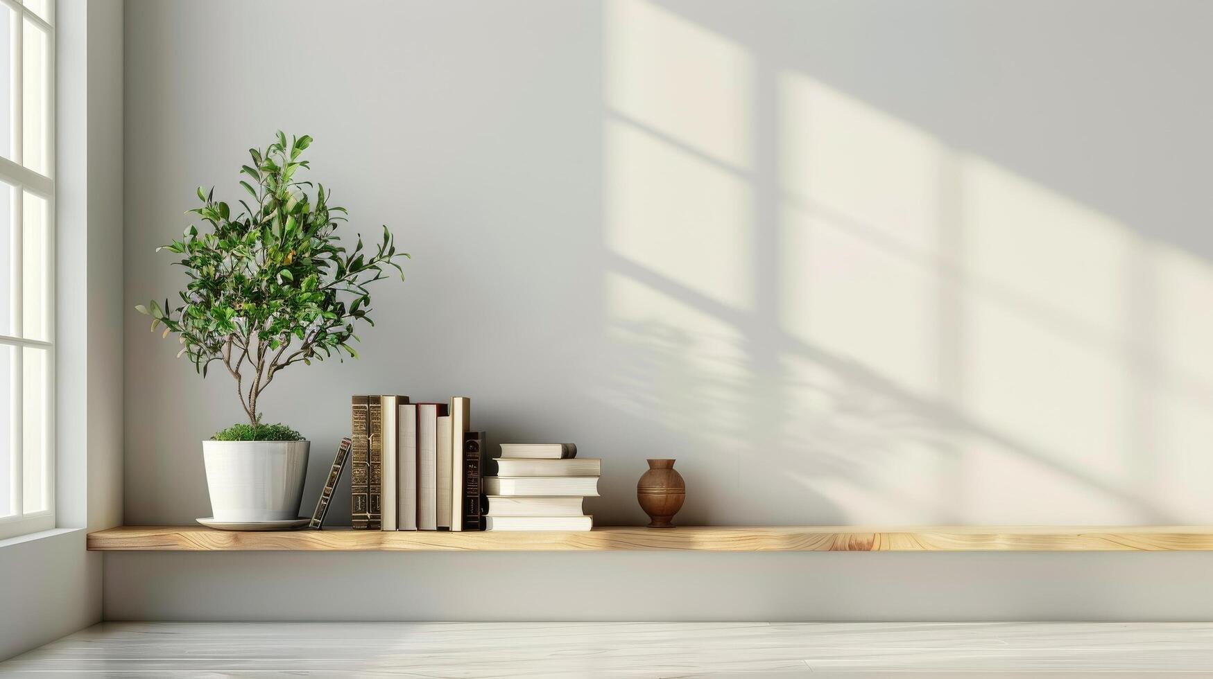 Shelf With Books and Potted Plant photo
