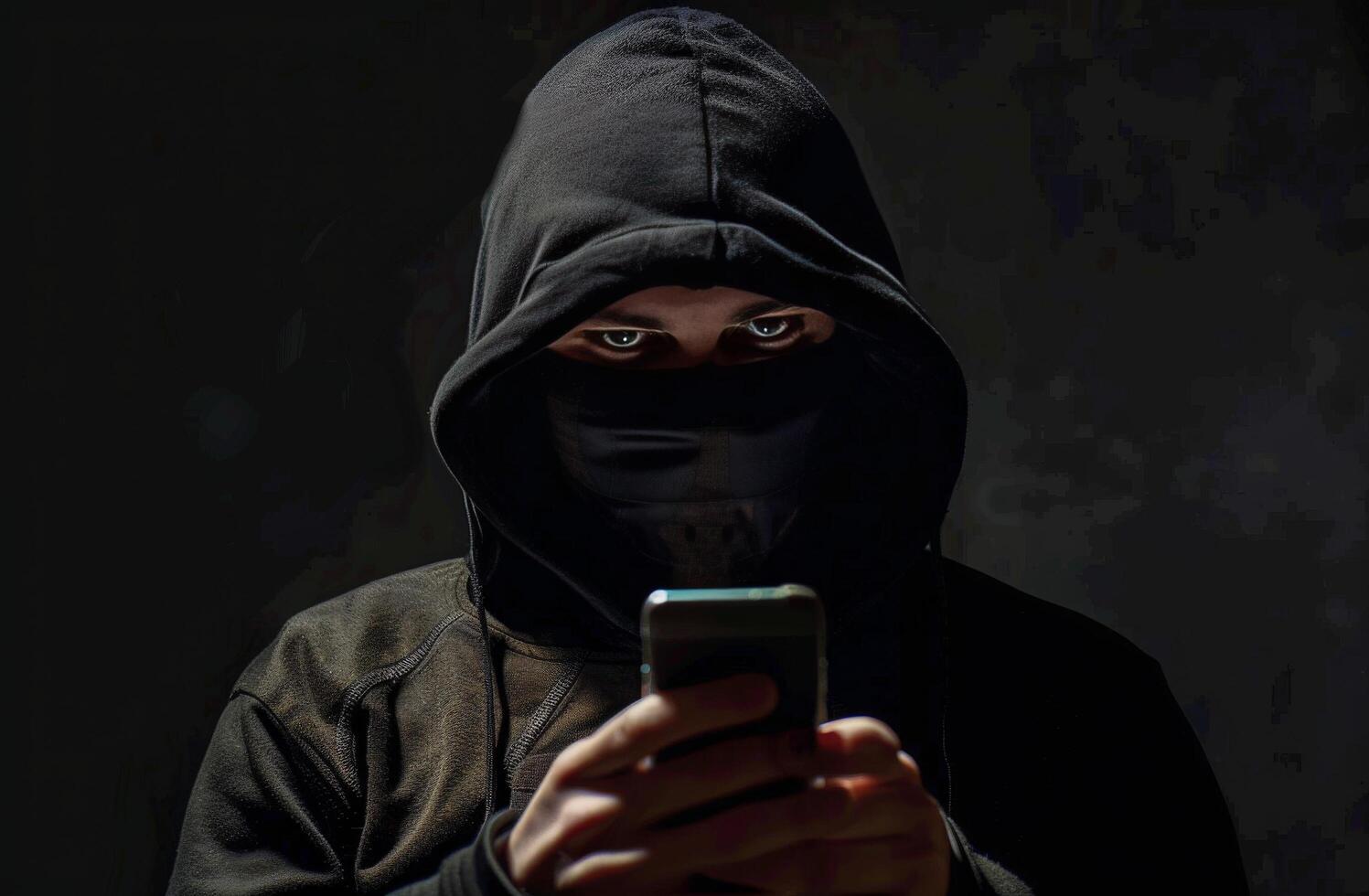 Person Wearing Black Hood Holding Cell Phone photo