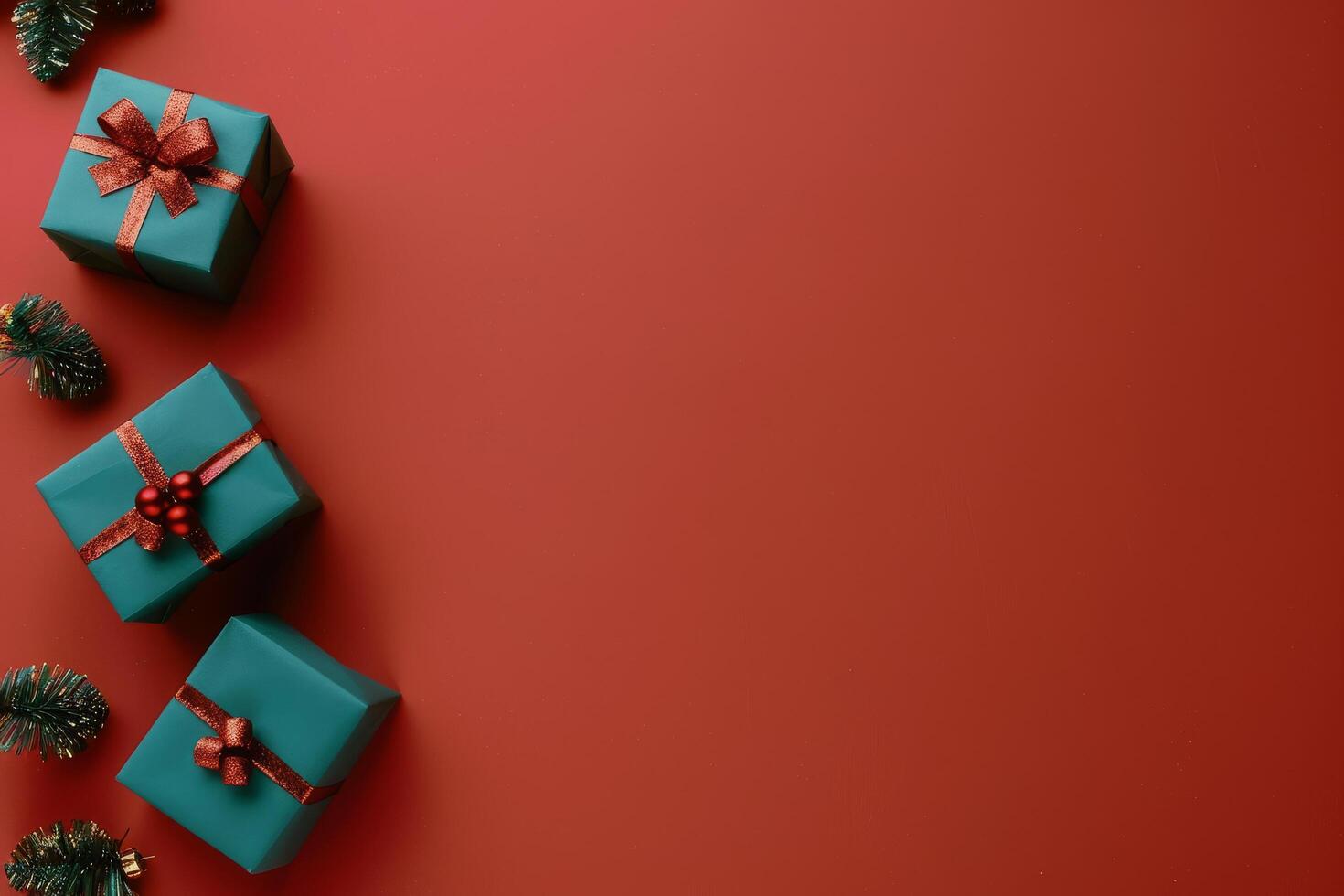 Red Background With Presents Wrapped in Blue and Red Ribbon photo