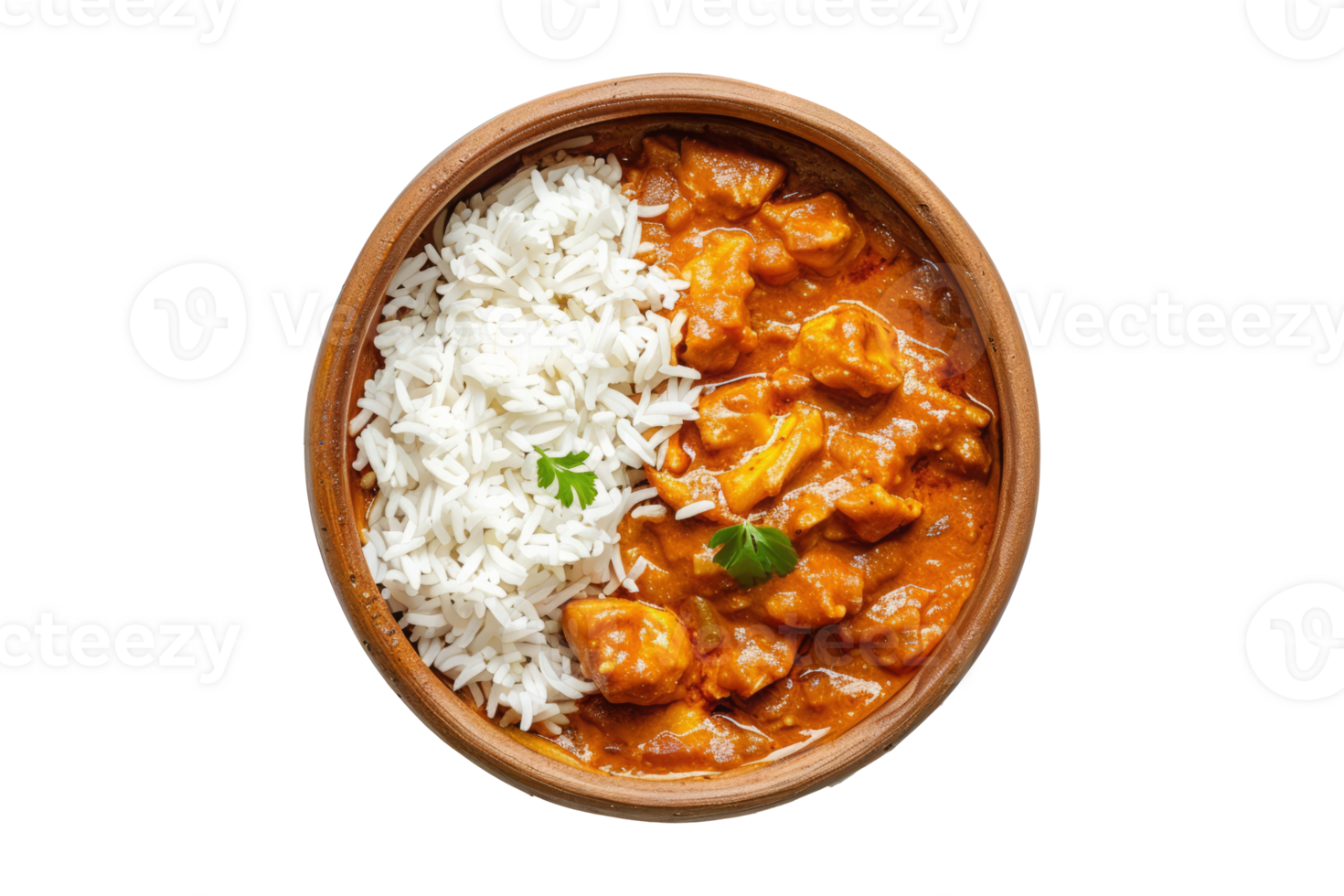 Tikka Masala Curry Chicken Served Over Rice in Bowl. Traditional Indian food png