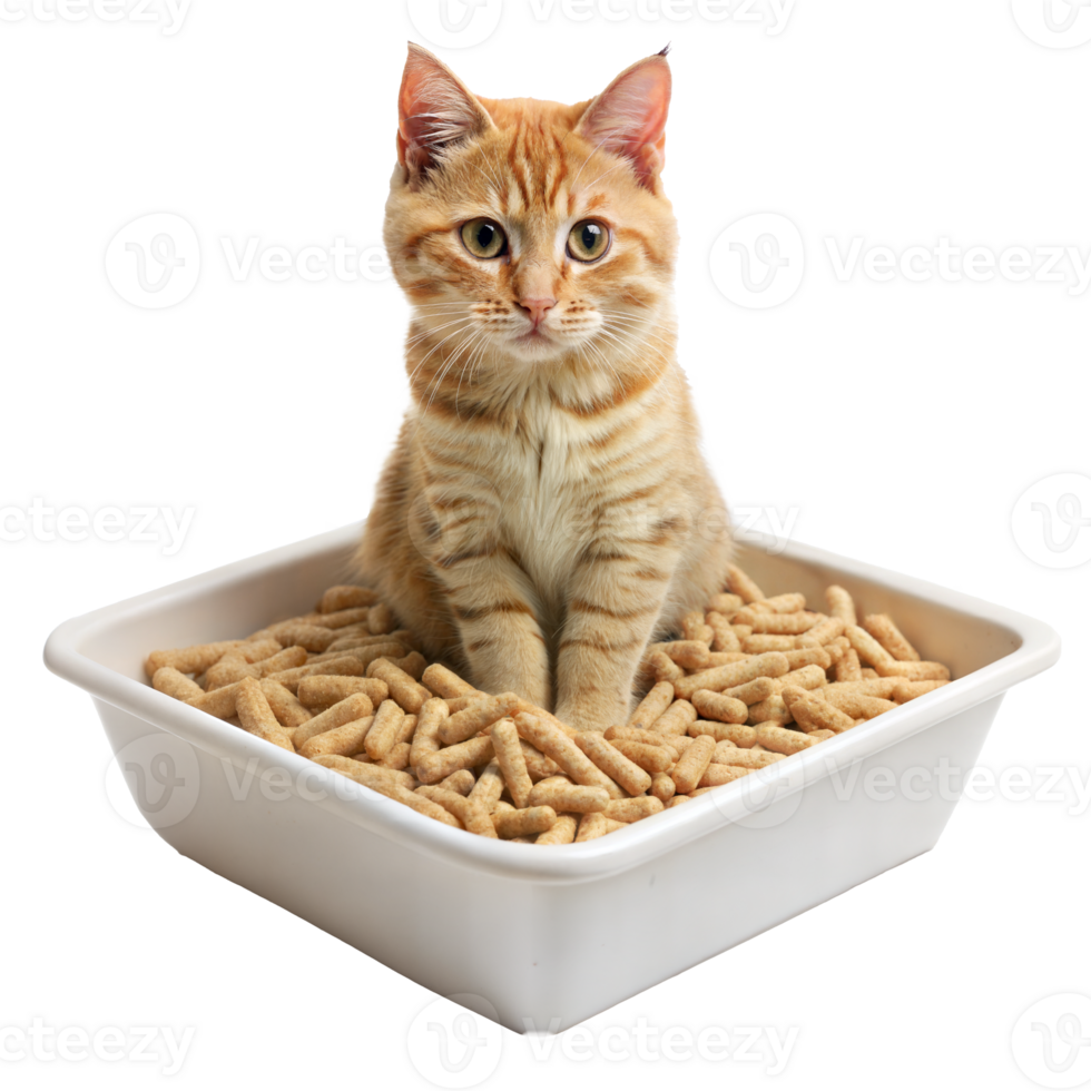A cat is sitting in a litter box with cat food png