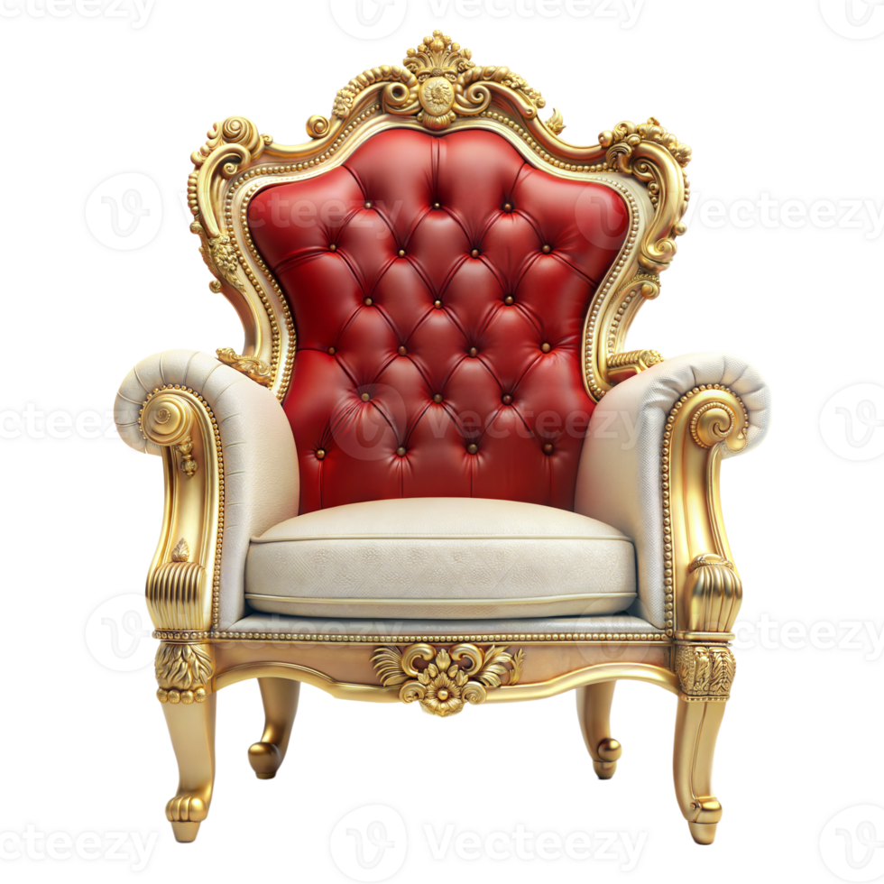 A gold and red chair with white cushions png