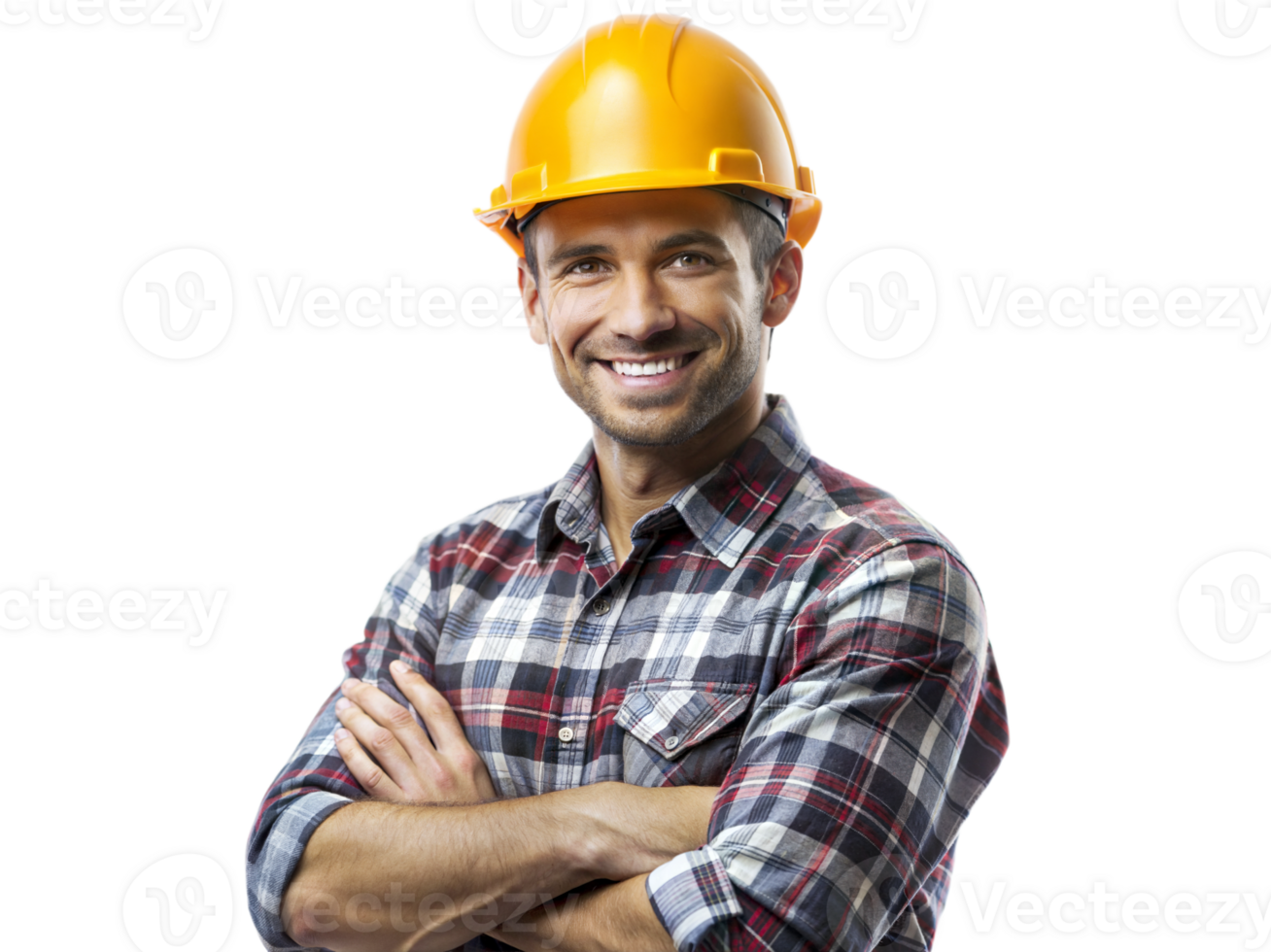 une homme portant une Jaune difficile chapeau et une plaid chemise est souriant png