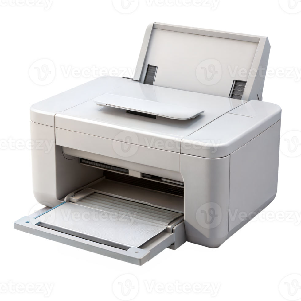 A white printer with a black handle and a white paper tray png