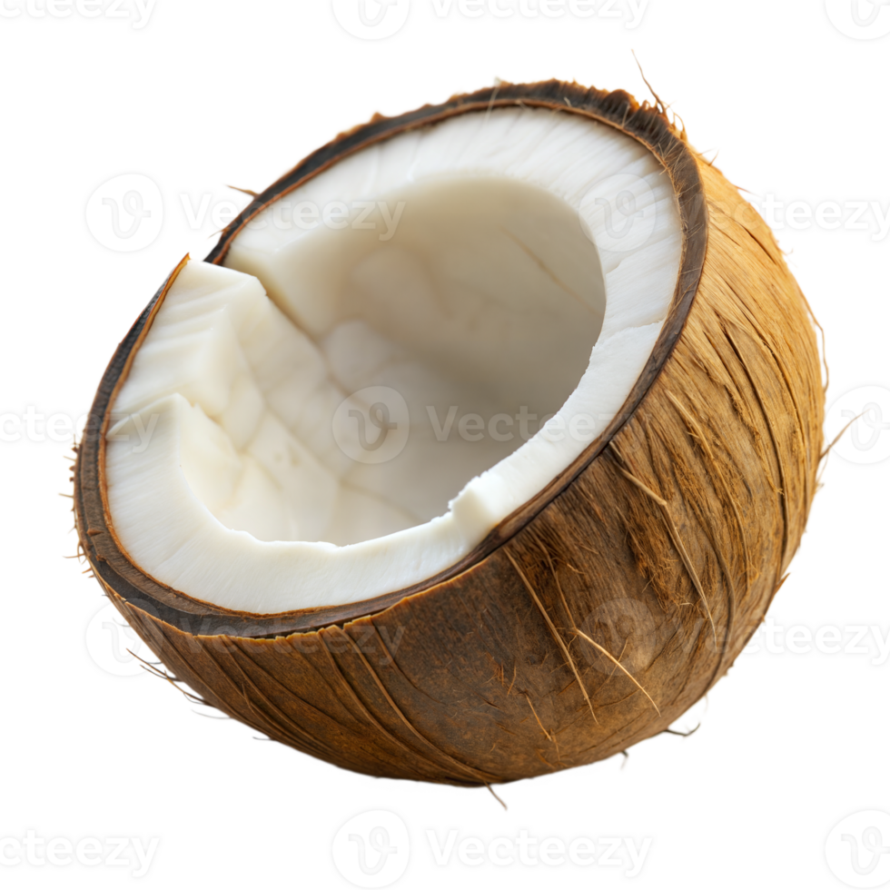 A whole coconut is cut open to reveal its white interior png