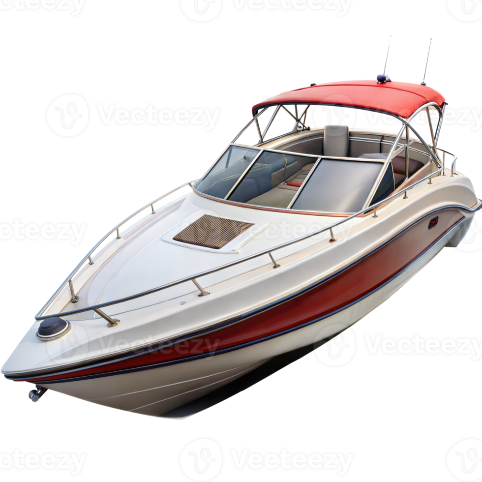 A sleek speed boat with a red canopy and white hull cruises smoothly on the water png