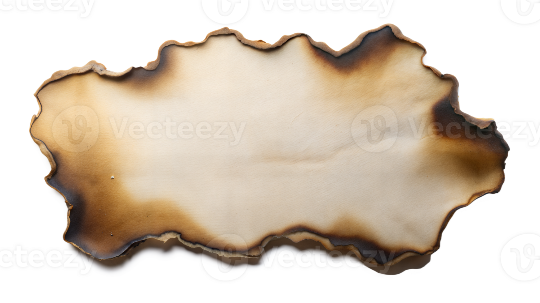 A burnt parchment with irregular edges and dark brown singes, lying flat on a transparent surface png