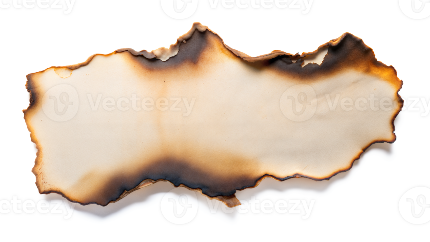 A piece of old parchment paper displaying burnt edges, isolated against a transparent background png