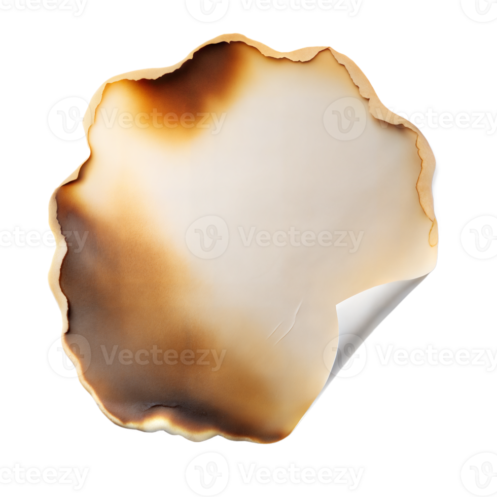 A sheet of paper with burned, curled edges against a transparent background, illustrating fire damage png